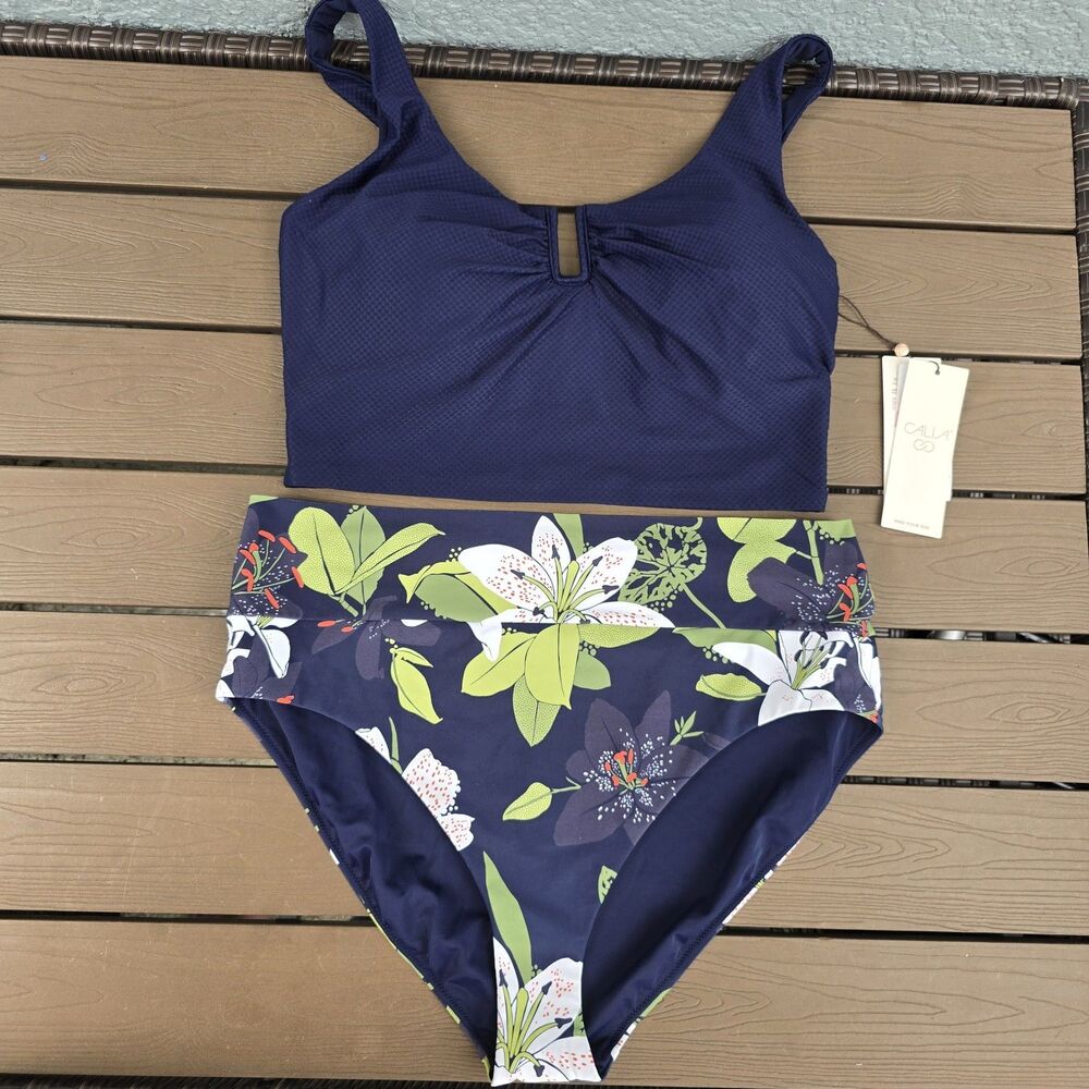 CALIA Women Navy U-bar Long Line Top & Wide Band High Rise Bikini Sz XL New